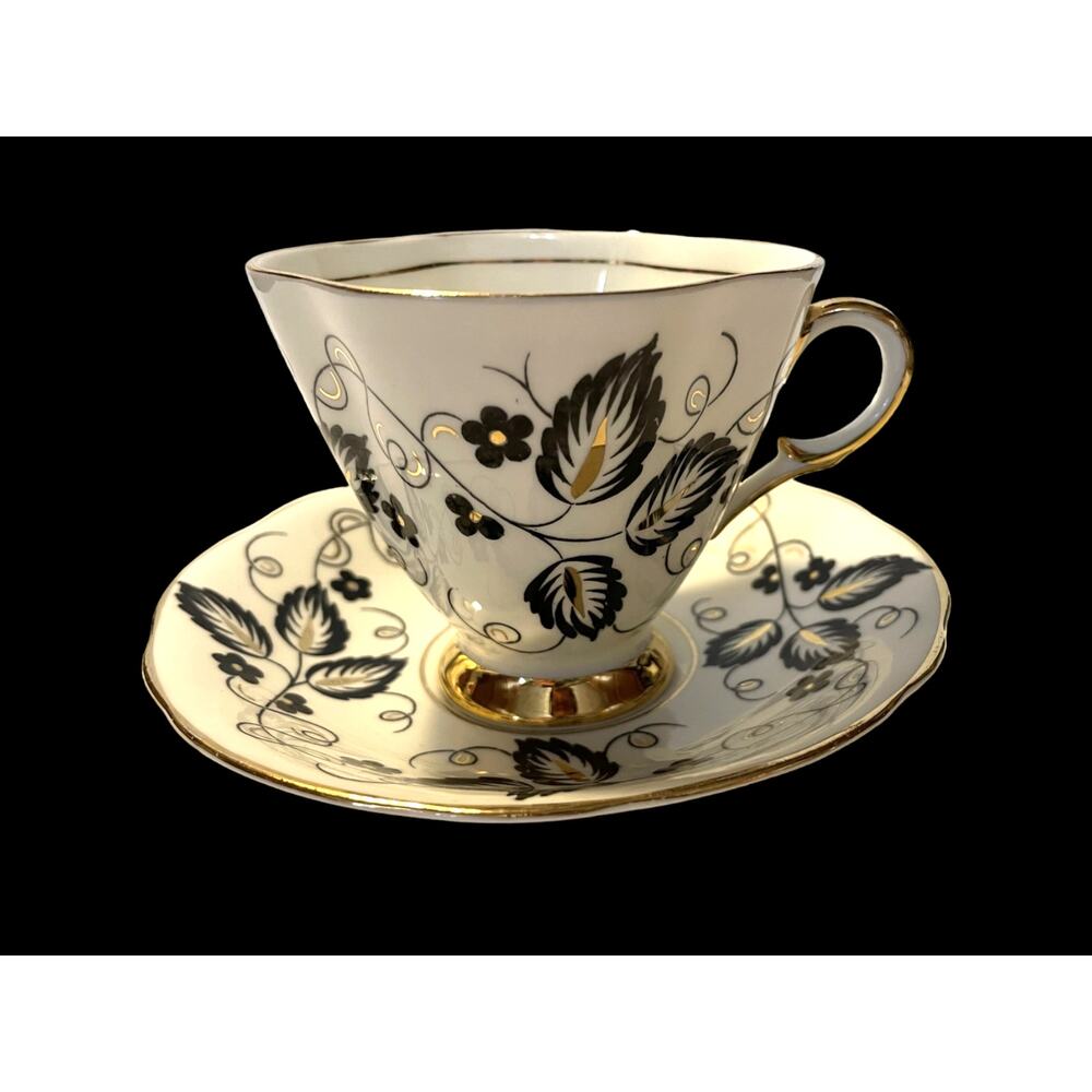 Clarence Tea Cup & Saucer England Fine bone china Art Deco Black and Gold